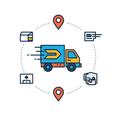 Modern flat line art design concept of a logistics network, showcasing fast courier service, parcel delivery, and online order fulfillment