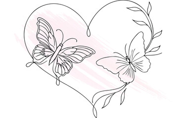 Two butterflies floral elements forming a heart shape in continuous line art Single line