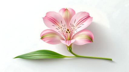 Fototapeta premium Beautiful pink lily flower with green leaf isolated on white background 