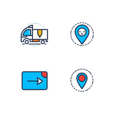 Vector icon pack for shipping and location tracking applications, with symbols for truck delivery, GPS navigation, parcel dispatch, and animal locator