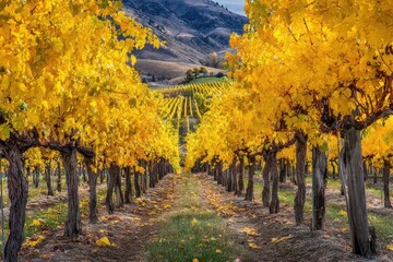 Fototapeta premium Vineyards Washington. Red Mountain Benton City Landscape with Yellow Grape Leaves in Fall Harvest