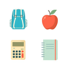 Essentials for school Backpack, apple, calculator and notebook vector icons
