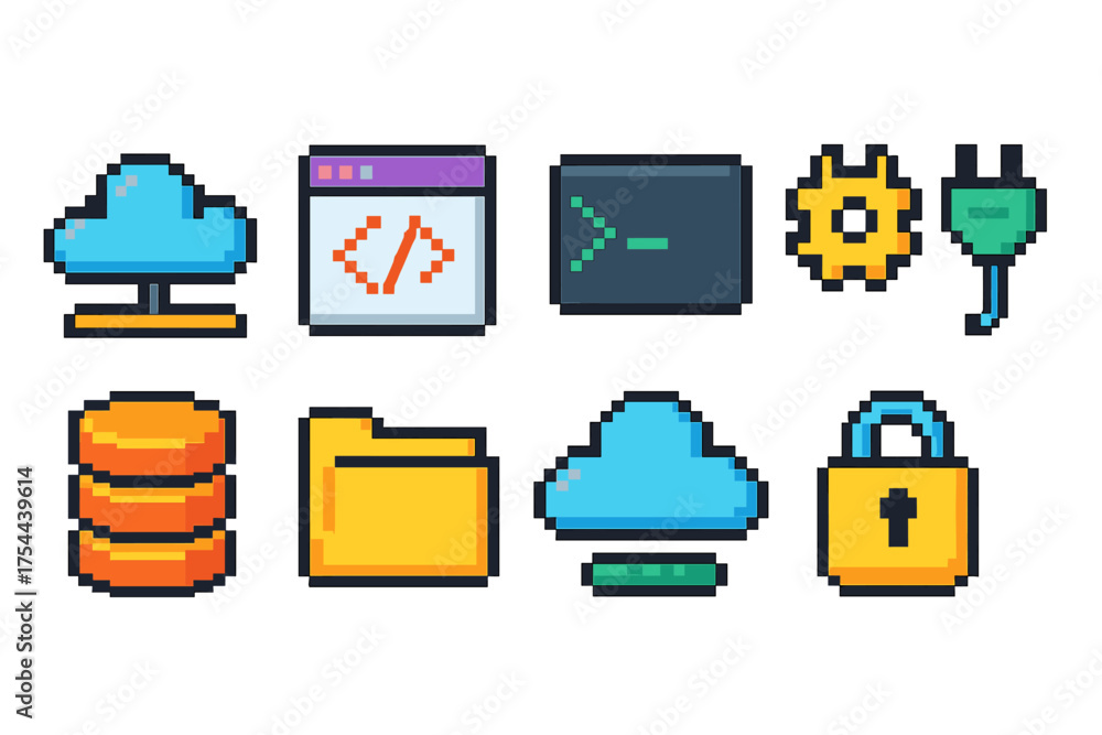 Wall mural Pixel art technology icon set. Coding, cloud storage, security icons in pixel style