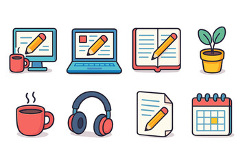 Office, writing filled icon set. Work, creativity tools collection with digital elements