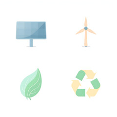 Essential flat vector icons for sustainability and renewable energy concepts, including solar panels, wind turbines, green leaves, and the recycling symbol for eco designs