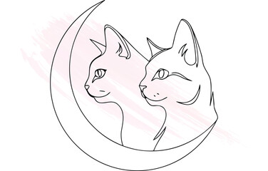 Two cats in profile facing right with a crescent moon  brush strokes Single line feline