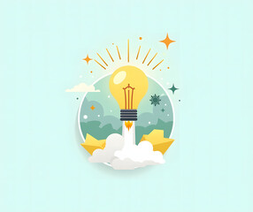 Creative Spark Launching Illuminating the Path to Innovation and New Ideas with a Rocket-Powered Lightbulb Illustration