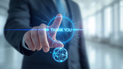 Business Person Touching Glowing 'THANK YOU' Button on Digital Interface | Futuristic Customer Service and Appreciation Concept