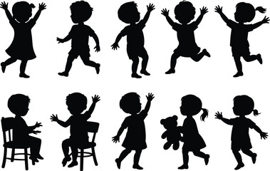 Obraz premium Silhouettes of happy children playing and dancing, kids jumping, sitting, and having fun, joyful childhood activity illustration design