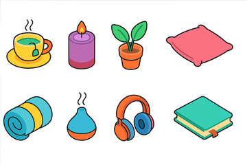 Relaxation and lifestyle flat icon set. Cozy home, relax, comfort icons collection