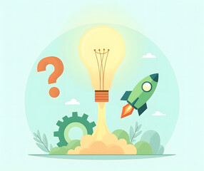 Creative idea launch concept with a lightbulb taking off like a rocket, symbolizing business startup, innovation, and problem-solving