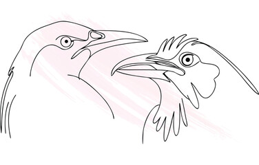 Two crows drawn with continuous Single line brush strokes bird animal