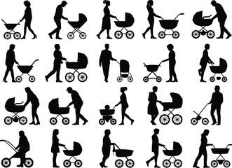 Silhouettes of parents walking with baby strollers, family outdoor activity, childcare and parenting concept, mother and father with prams