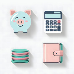 Financial Management Icons Piggy Bank, Calculator, Coins, and Wallet Illustrating Savings and Budgeting