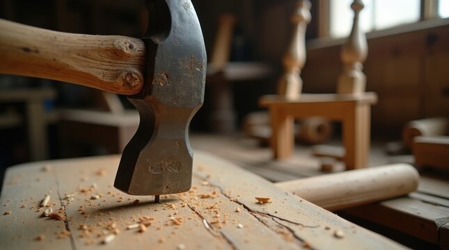 Martillo clavando un clavo en una tabla de pino. Artesan&iacute;a tradicional de carpinter&iacute;a en un peque&ntilde;o taller rural