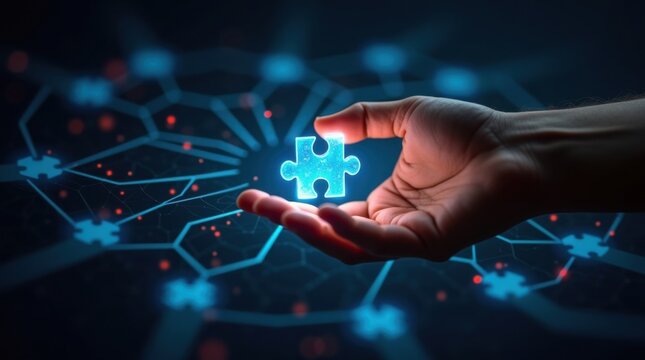Mano que conecta una pieza hologr&aacute;fica brillante de un rompecabezas a una red digital, simbolizando el trabajo en equipo, la innovaci&oacute;n y la inteligencia