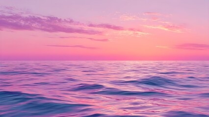 Calm ocean at sunset with pink and purple sky and gentle waves. Concept Tranquil ocean at sunset, Pastel pink and purple sky, Gentle waves along the shore, Dusk seascape photography