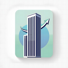 Modern skyscraper with upward arrow symbolizing growth and success in business