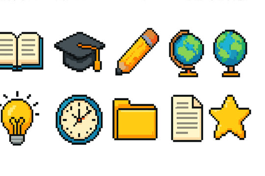 Education and learning pixel icon set. School essentials in a pixelated style.