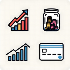 Essential financial planning symbols charts for market trends, savings jar for future goals, and a payment card for seamless transactions and fiscal management