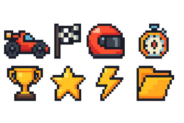 Obraz premium Racing, motorsport pixel icon set. Speed, game, competition icons in pixel art style.