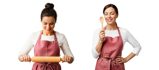 Baker woman with pink apron cooking tools, home chef holding rolling pin and spoon, kitchen apron portrait, apron chef, Isolated on transparent background, png