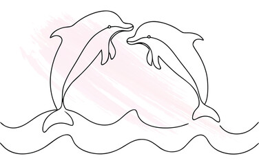 Two dolphins in continuous line art style with  brush strokes Single line animal ocean