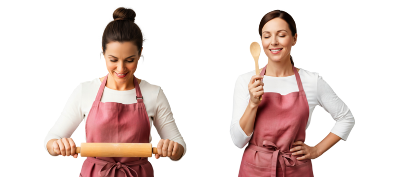 Baker woman with pink apron cooking tools, home chef holding rolling pin and spoon, kitchen apron portrait, apron chef, Isolated on transparent background, png