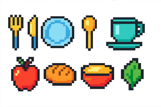 Fototapeta Pixel art food icon set. Kitchenware and fruits in pixel art style