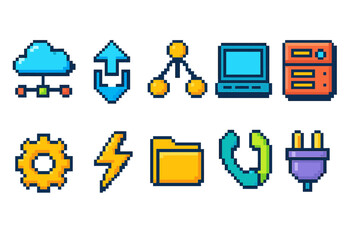 Cloud and network pixel icon set. Internet, communication outline pixels collection