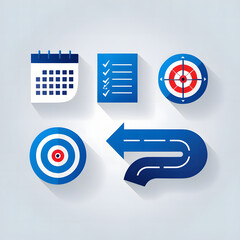 Comprehensive flat design icon set for strategic planning, business development, goal setting, and project management, symbolizing progress and achievement in modern visuals