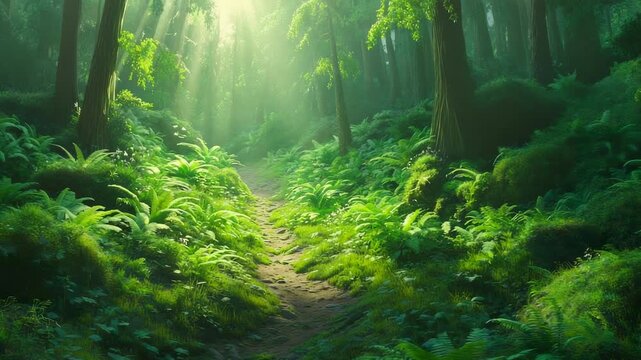 A winding dirt path through a lush, verdant forest with sunbeams shining down