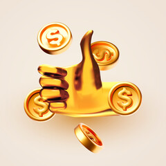 Jackpot, bonus and financial and money success. Thumbs up gesture with golden coins.