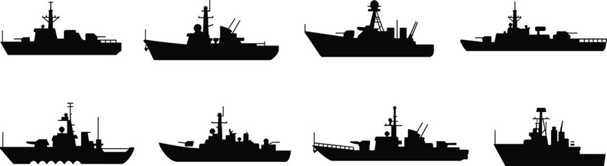 Warship silhouettes collection, military navy ships, battleships, destroyers, combat vessels, fleet illustration, defense maritime power, ocean warfare concept, vector design © Deep Mind Creations