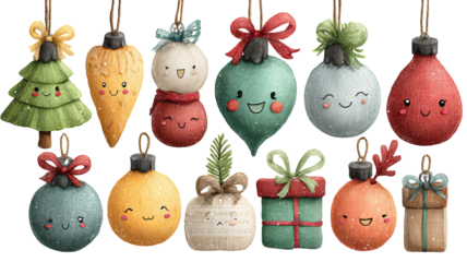 Cute christmas ornaments collection with colorful designs happy faces and festive patterns high resolution png style for seasonal decorations and crafts