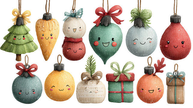 Cute christmas ornaments collection with colorful designs happy faces and festive patterns high resolution png style for seasonal decorations and crafts
