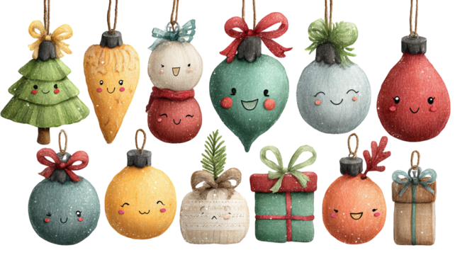 Cute christmas ornaments collection with colorful designs happy faces and festive patterns high resolution png style for seasonal decorations and crafts