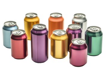 Collection of colorful sparkling soda cans isolated on transparent background. Collection set of aluminum beverage drink soda cans in various colors isolated on white background.