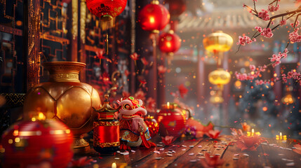 Festive Chinese New Year banner featuring dragon head and decorative elements