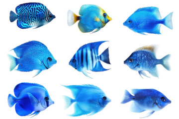 Blue aquarium fish in a grid isolated on transparent background. Collection set of blue fish isolated on white background.