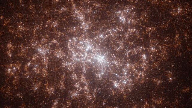 Stuttgart (Germany) top view at night. Top view on modern city with street lights and glow effect. Camera is zooming in, rotating clockwise. Vertical video. The north is on the left side