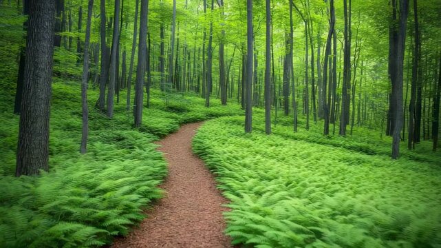 A winding dirt path through a lush, green forest filled with tall trees and ferns
