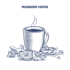 Hand-drawn vector illustration of mushroom coffee cup in engraving style