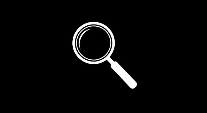 High-contrast black and white magnifying glass icon, isolated against a dark background, symbolizing search functionality and exploration in a modern digital context