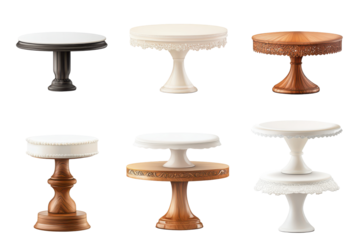Collection of decorative cake stands isolated on transparent background. Collection set of cake stands isolated on white background.