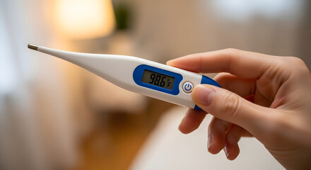 Close-up of a digital thermometer displaying a temperature reading held in a person's hand