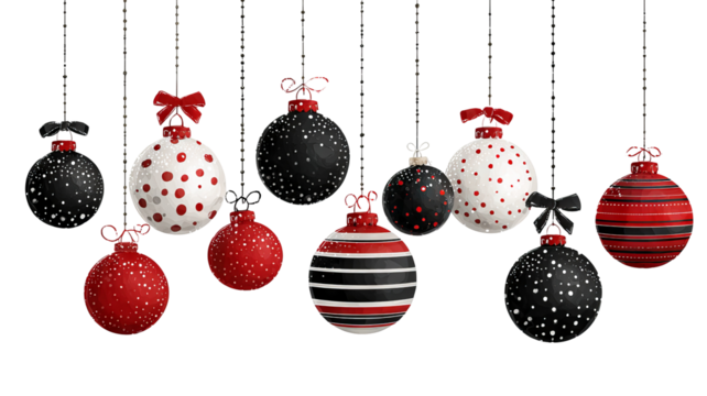 Festive christmas ornaments in red and black with elegant stripes and dotted patterns stylish decorative baubles perfect for modern holiday designs and seasonal celebrations
