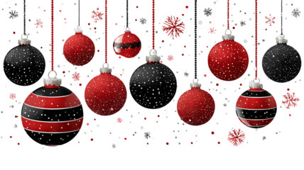 Festive christmas ornaments in red and black with elegant stripes and dotted patterns stylish decorative baubles perfect for modern holiday designs and seasonal celebrations
