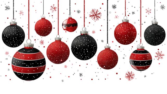 Festive christmas ornaments in red and black with elegant stripes and dotted patterns stylish decorative baubles perfect for modern holiday designs and seasonal celebrations
