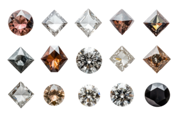 Collection of sparkling diamonds in various cuts isolated on transparent background. Collection set of diamonds top view isolated on white background.